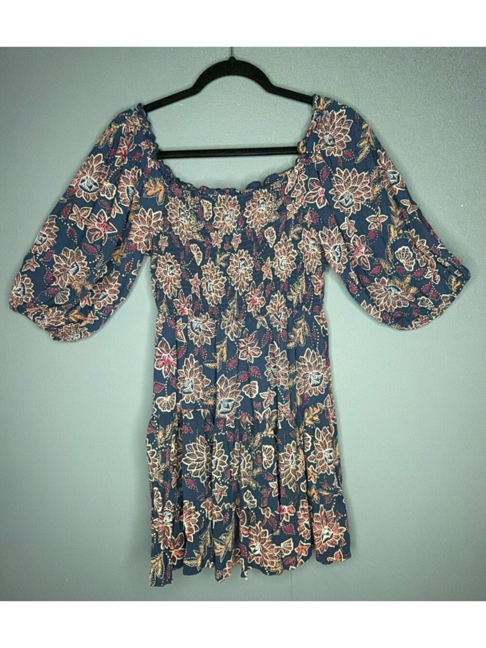 Angie Flowy Boho Floral Paisley Smocked Mini Dress Puff Sleeves Large
